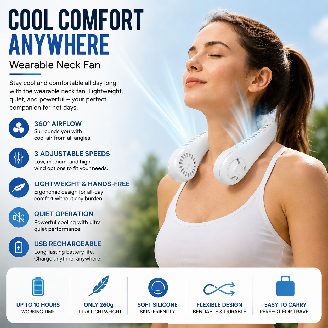 Portable Bladeless Neck Fan 3 Speed Adjustable Rechargeable Air Cooler Mini Hanging Neck Fan Long Battery Life for Summer Outdoo