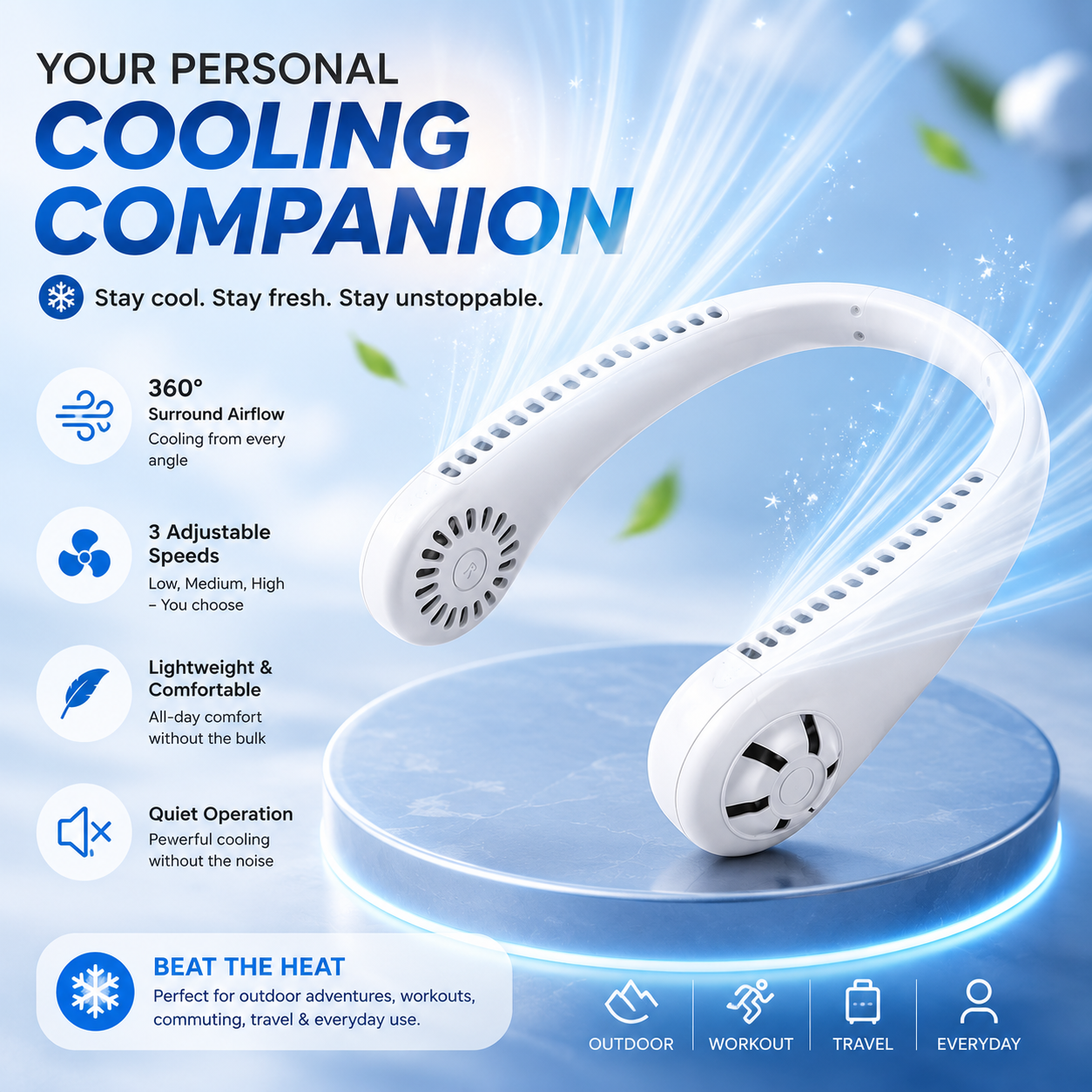 Portable Bladeless Neck Fan | 3-Speed Rechargeable Air Cooler