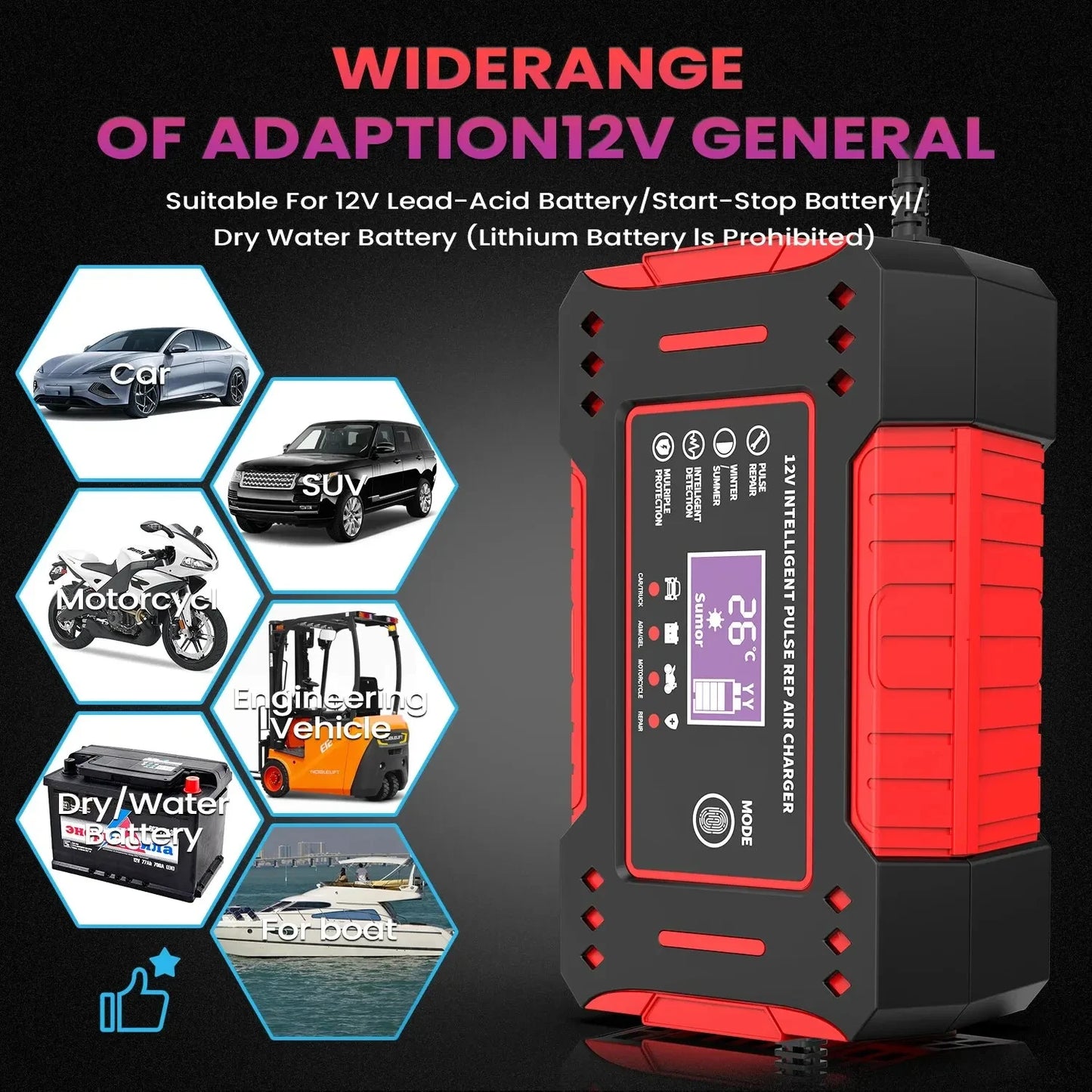 Charger Car and Motorcycle Battery Charging Unit Lead-Acid Battery Repair LCD Display 6A 12V Intelligent Car Battery