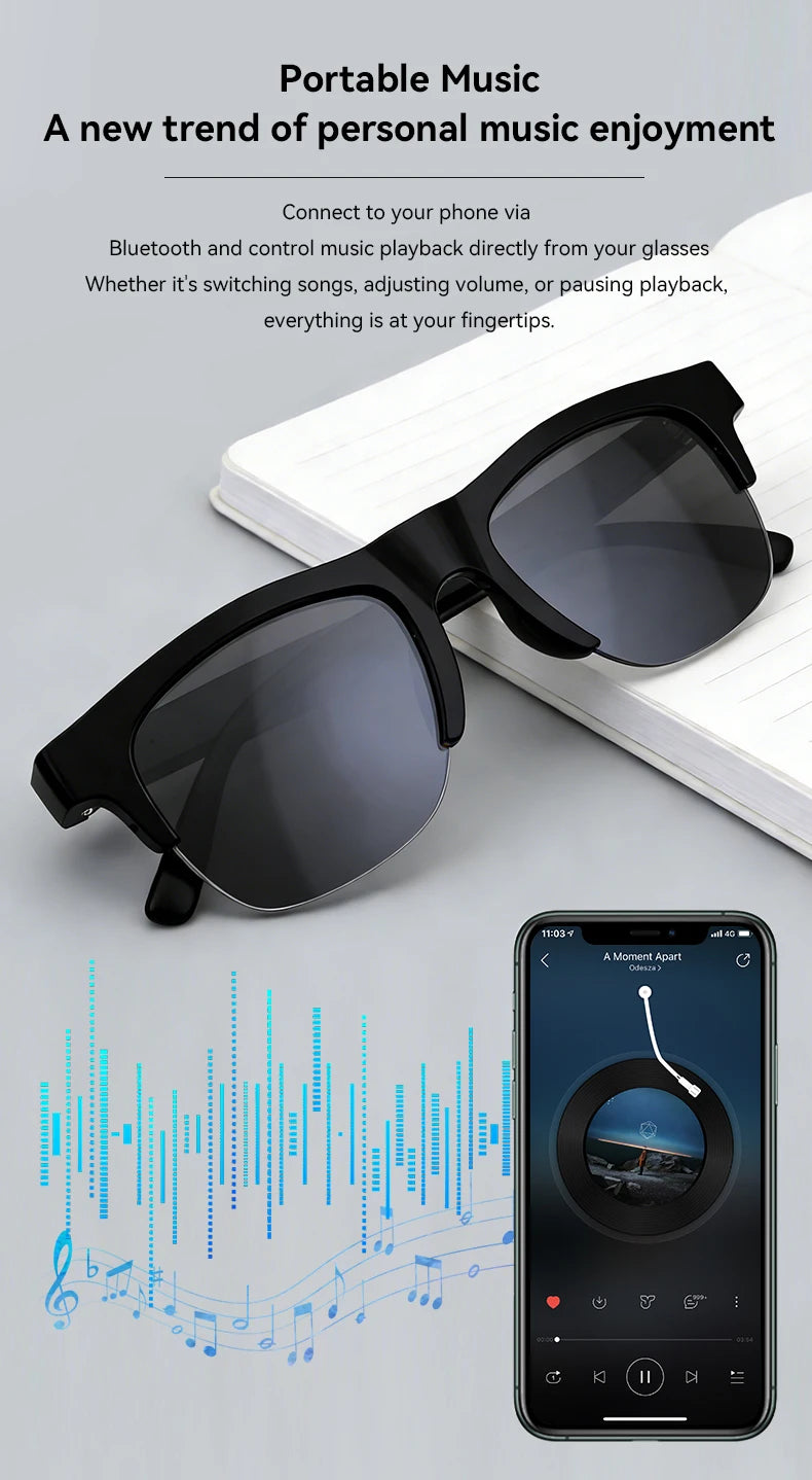Smart Glasses Wireless Bluetooth Sunglasses Built-in Microphone Speakers Touch & Voice Assistant Compatible Glass for Men Women