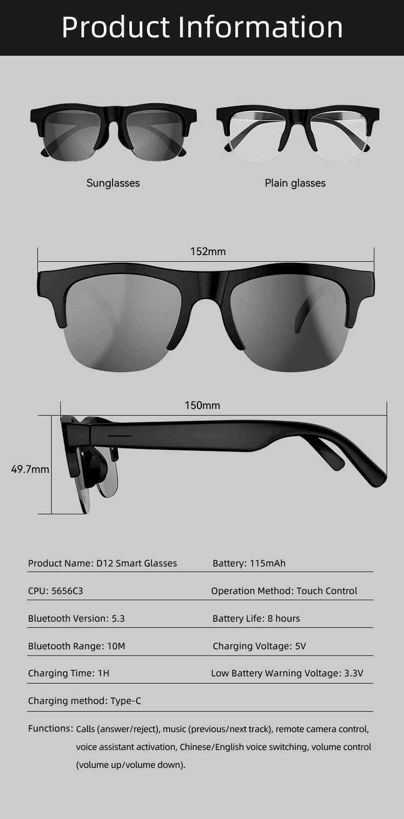 Smart Glasses Wireless Bluetooth Sunglasses Built-in Microphone Speakers Touch & Voice Assistant Compatible Glass for Men Women