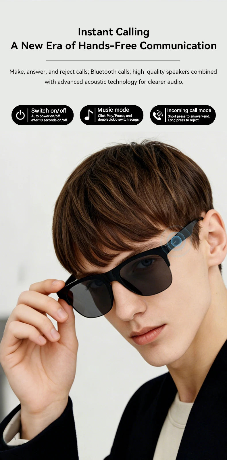 Smart Glasses Wireless Bluetooth Sunglasses Built-in Microphone Speakers Touch & Voice Assistant Compatible Glass for Men Women